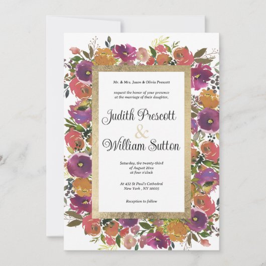 植物性紫オレンジピンク金ゴールド結婚フローラ 招待状 (正面)