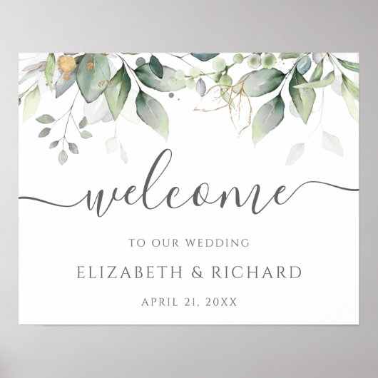 植物性緑のユーカリ結婚の歓迎サイン ポスター (正面)