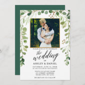 植物性緑の書道結婚の金ゴールド枠 招待状 (正面/裏面)