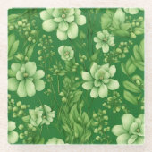 植物性緑の花のパターン ガラスコースター (正面)