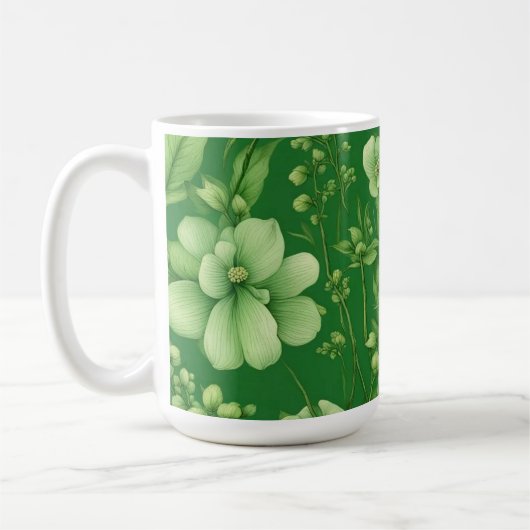 植物性緑の花のパターン コーヒーマグカップ (左)