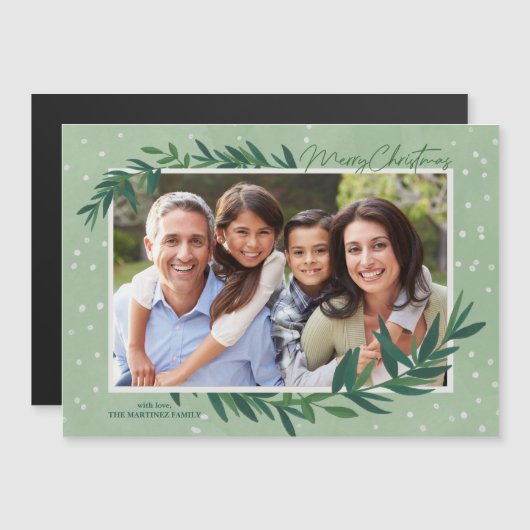 植物性緑色写真クリスマスマグネティックカード (正面/裏面)