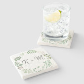 植物性緑 |リーフ |の結婚モノグラム ストーンコースター (横)