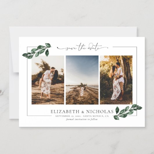 植物性緑 | 3フォトウェディング日付の保存 マグネット招待状 (正面)