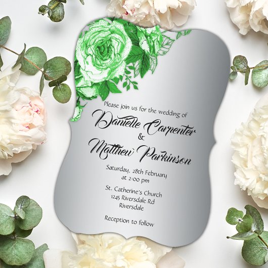 植物性美しい：緑のバラ、シルバー結婚ズ 招待状