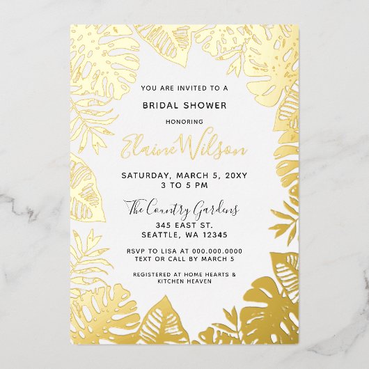 植物性自然トロピカル葉ブライダルシャワー 箔招待状 (正面)