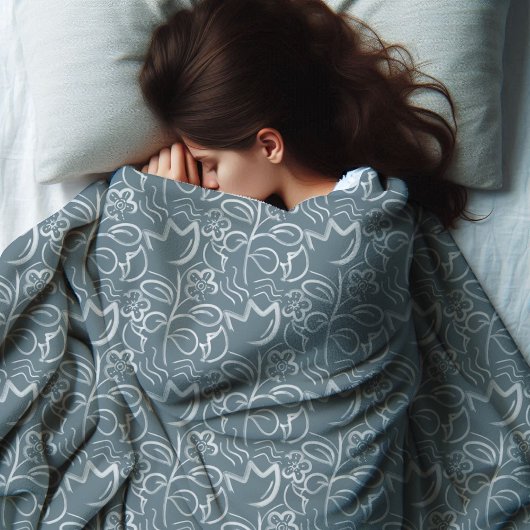 植物性花石板グレーホワイトフローラルパターン フリースブランケット