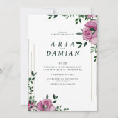 植物性薄紫グリーン金ゴールドバラ結婚フローラ 招待状 (正面)