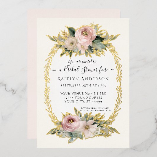 植物性赤面ピンクフラワーズエレガントブライダルシャワー 箔招待状 (正面/裏面)