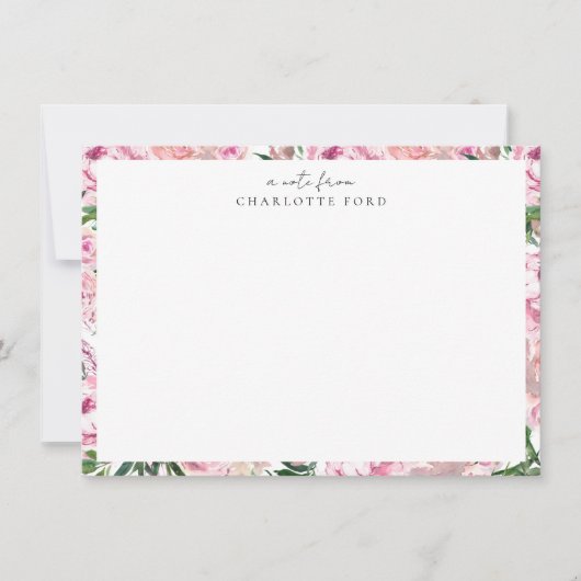 植物性赤面ピンク牡丹グリーンリーフローラフレーム ノートカード (正面)