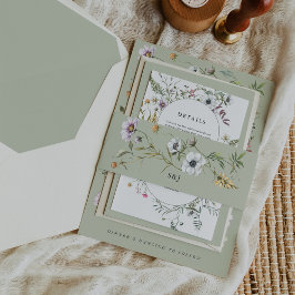 植物性野草花ソフトグリーンモノグラム結婚ズ 招待状ベリーバンド