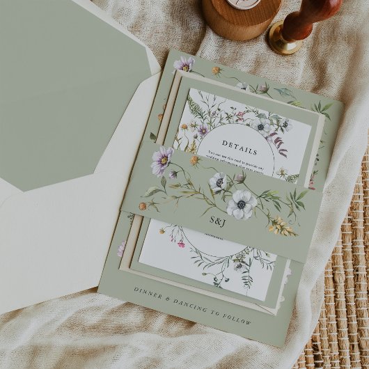 植物性野草花ソフトグリーンモノグラム結婚ズ 招待状ベリーバンド