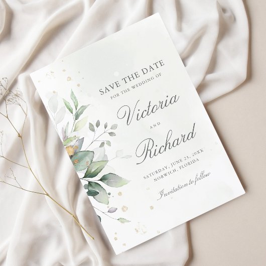 植物性金ゴールドグリーンユーカリ結婚ス セーブザデート