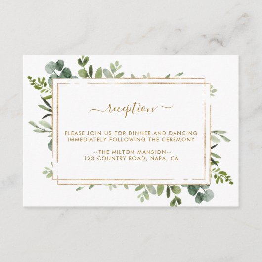 植物性金ゴールドグリーンリーウェディングレセプション エンクロージャーカード (正面)