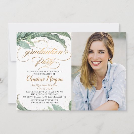 植物性金ゴールドスクリプト卒業パーティーの写真 招待状 (正面)