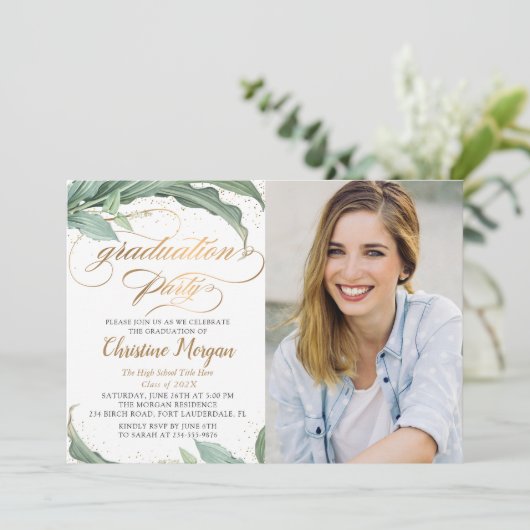 植物性金ゴールドスクリプト卒業パーティーの写真 招待状 (スタンド正面)