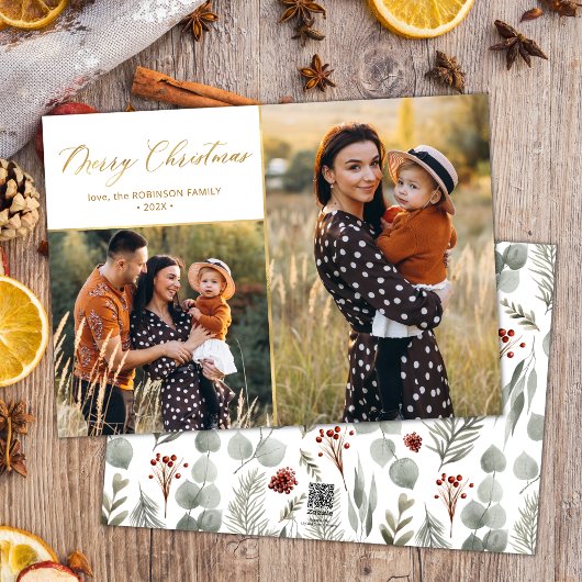 植物性金ゴールドスクリプト2フォトコラージクリスマス シーズンカード