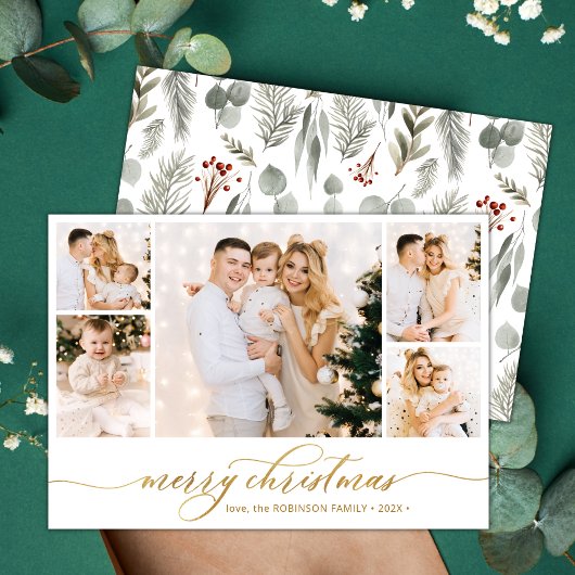 植物性金ゴールドスクリプト5フォトコラージクリスマス シーズンカード