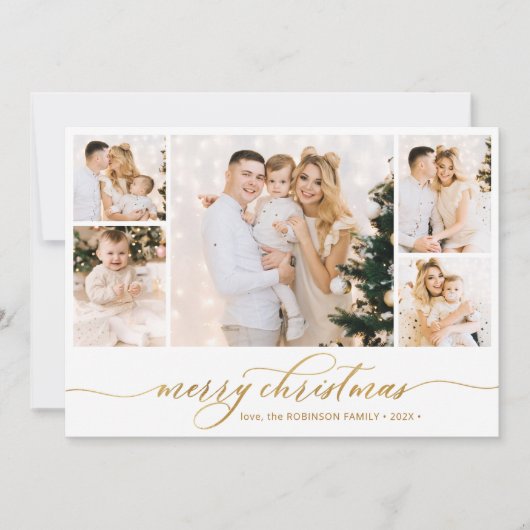植物性金ゴールドスクリプト5フォトコラージクリスマス シーズンカード (正面)