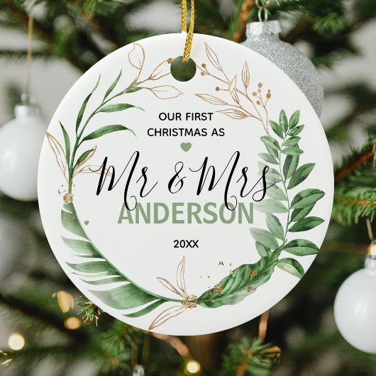 植物性金ゴールド私たちの初めてのクリスマスミスター&ミセス写真 セラミックオーナメント