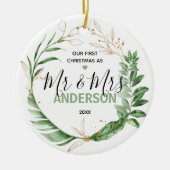 植物性金ゴールド私たちの初めてのクリスマスミスター&ミセス写真 セラミックオーナメント (正面)