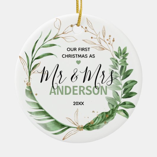 植物性金ゴールド私たちの初めてのクリスマスミスター&ミセス写真 セラミックオーナメント (正面)