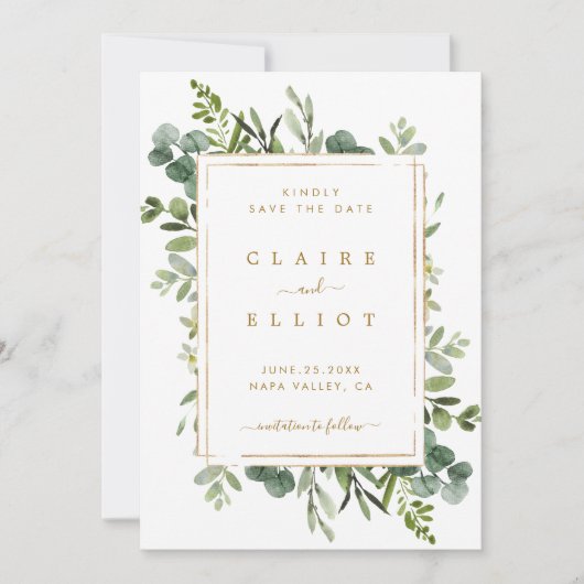 植物性金ゴールド緑の結婚式の日付カードを保存 セーブザデート (正面)