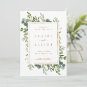 植物性金ゴールド緑の結婚式の日付カードを保存 セーブザデート (スタンド正面)