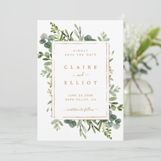 植物性金ゴールド緑の結婚式の日付カードを保存 セーブザデート (スタンド正面)