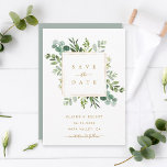植物性金ゴールド緑の結婚式の日付カードを保存 セーブザデート<br><div class="desc">この結婚式は、日付の招待を保存絵を描し、水の色のユーカリの緑、緑の葉と金ゴールドの正方形のフレームを特徴とする。このデザインの高度なカスタマイズについてクリックは、「更カスタマイズに」リンクをクリック。一致するアイテムも利用可能である。</div>