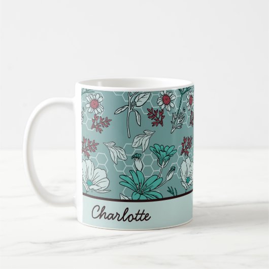 植物性開花花柄パーソナライズされた名 コーヒーマグカップ (左)