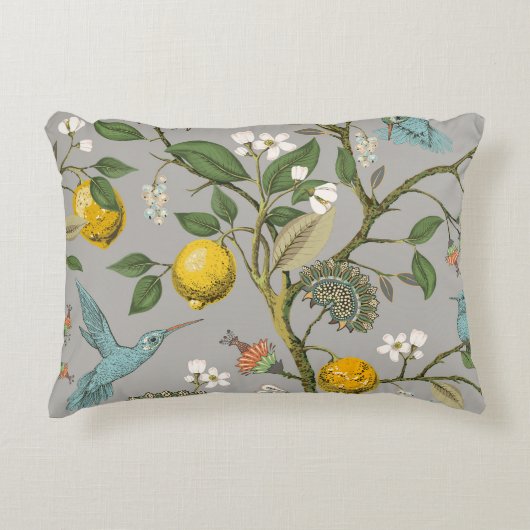 植物性鳥類の花:描ヴィンテージ壁紙 アクセントクッション (正面)