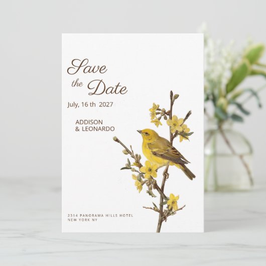 植物性黄色い鳥の花の夏の日付を保存 招待状 (スタンド正面)