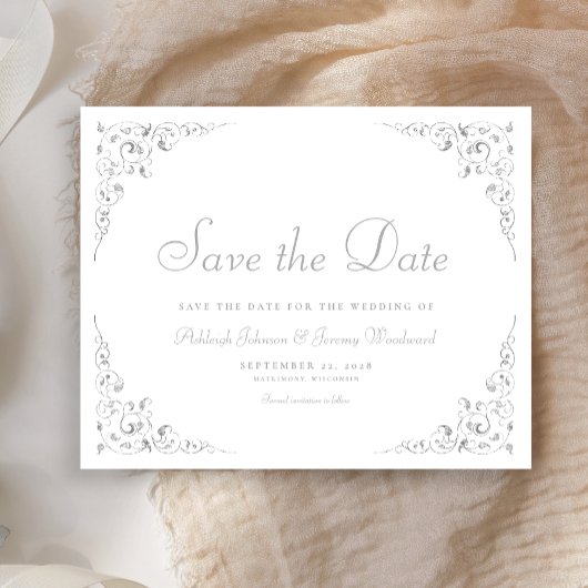 植物文様のシルバー・スクリプト・フレーム付き 結婚式のSave The Date