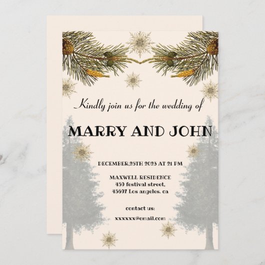 植物松素朴の木の冬のエレガント結婚式 招待状 (正面/裏面)