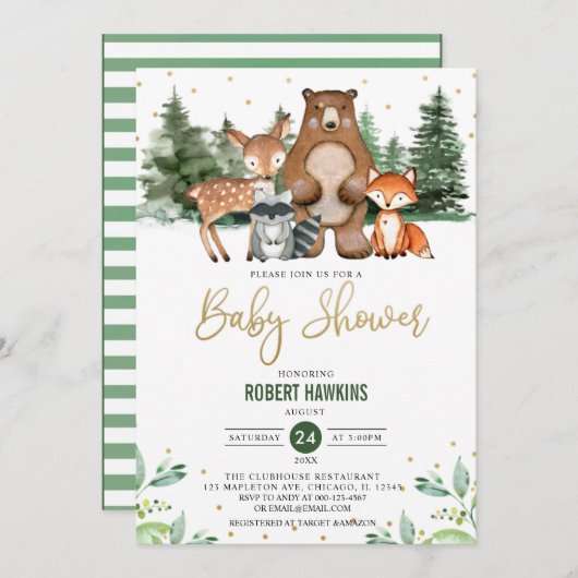 植物林の動物の赤ちゃんシャワー 招待状 (正面/裏面)
