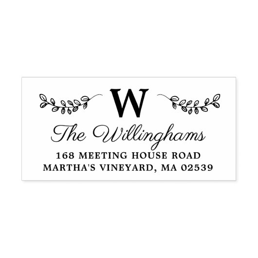 植物枝とモノグラム葉付き セルフインキングスタンプ (デザイン)