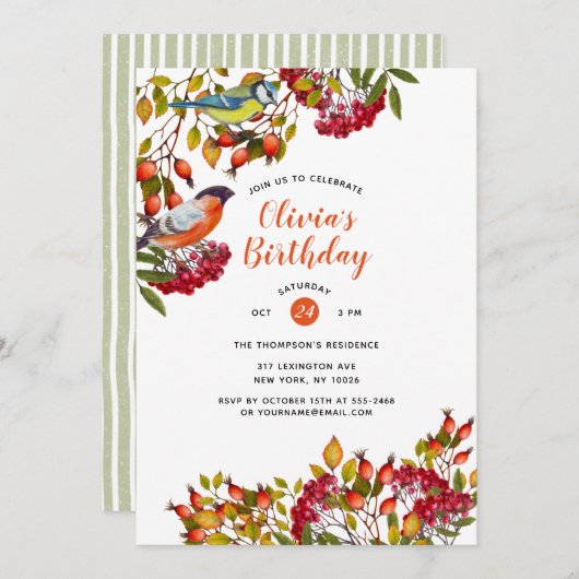 植物植物と鳥の誕生日招待状 招待状 (正面/裏面)