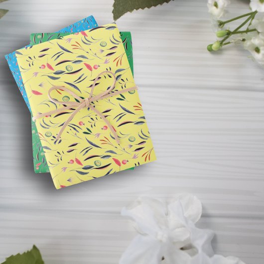 植物模様グリーンイエローブルー包装紙 ラッピングペーパーシート