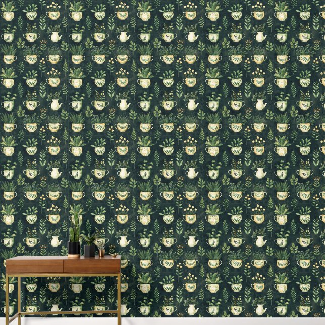 植物模様花ポット植物愛好家グリーン 壁紙 (廊下)