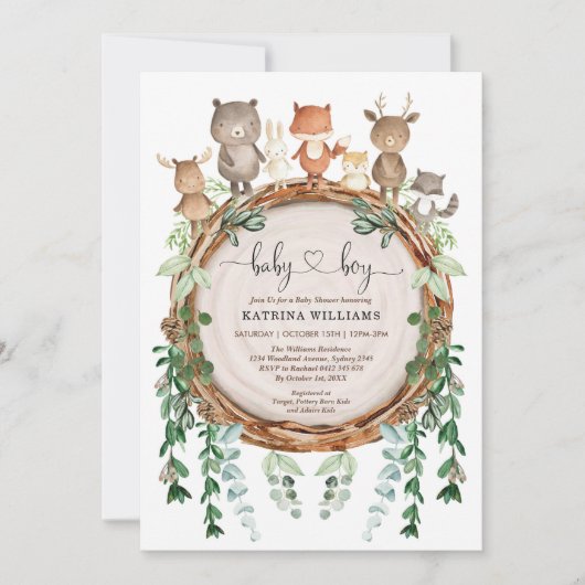 植物樹林動物緑の赤ちゃんシャワー 招待状 (正面)