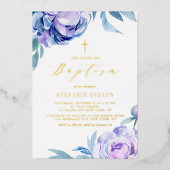 植物水彩紫牡丹花洗礼 箔招待状 (正面)