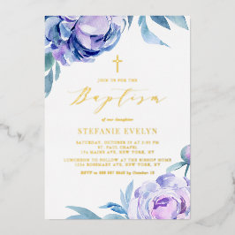 植物水彩紫牡丹花洗礼 箔招待状