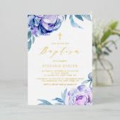 植物水彩紫牡丹花洗礼 箔招待状 (立ち正面)