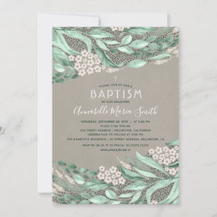 植物水彩緑色洗礼 招待状