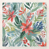 植物水彩赤ポインセチア離れ花類 ガラスコースター (正面)