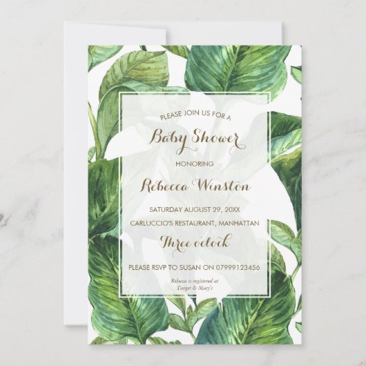 植物熱帯葉のベビーシャワー招待 招待状 (正面)