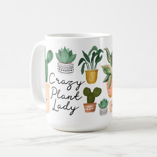 植物熱狂する婦人 |シックな水彩鉢植え コーヒーマグカップ (正面左)