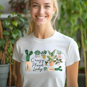 植物熱狂する婦人 シックな水彩鉢植え トライブレンドTシャツ
