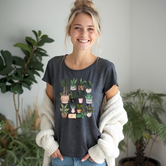 植物熱狂する婦人 |シックな水彩鉢植え トライブレンドＴシャツ